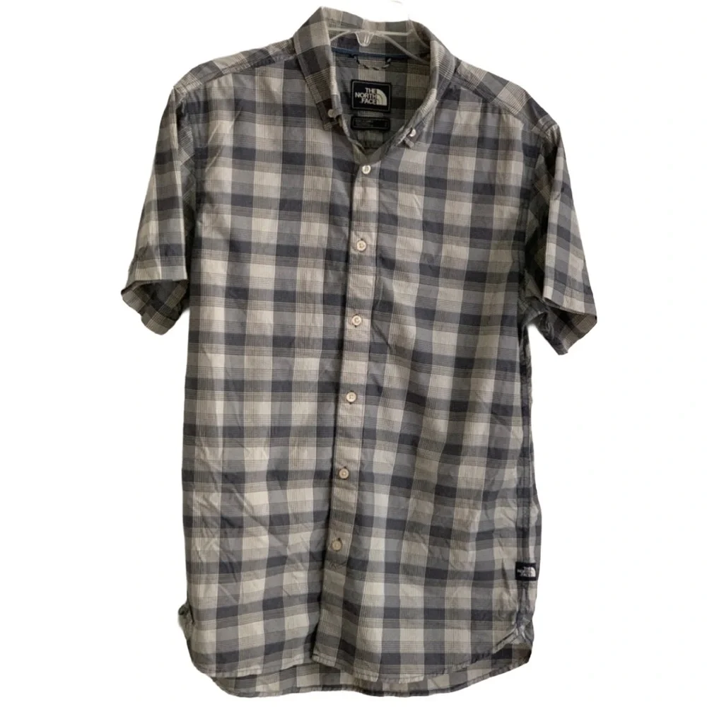 THE NORTH FACE Men’s Gray Blue Cream Plaid Short Sleeve Button Down Shirt